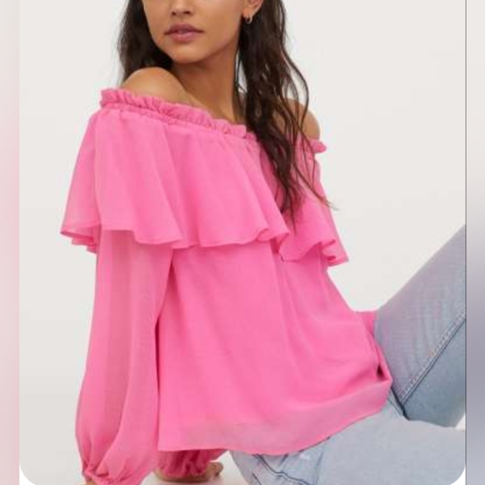 H&M Pink Off-Shoulder Ruffle Blouse - Picture 6 of 6